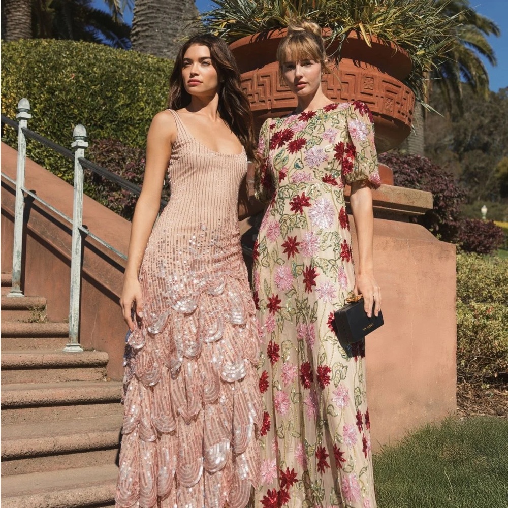 Mac Duggal Tan and Red Puff Sleeve Maxi Dress - Picture 4 of 8